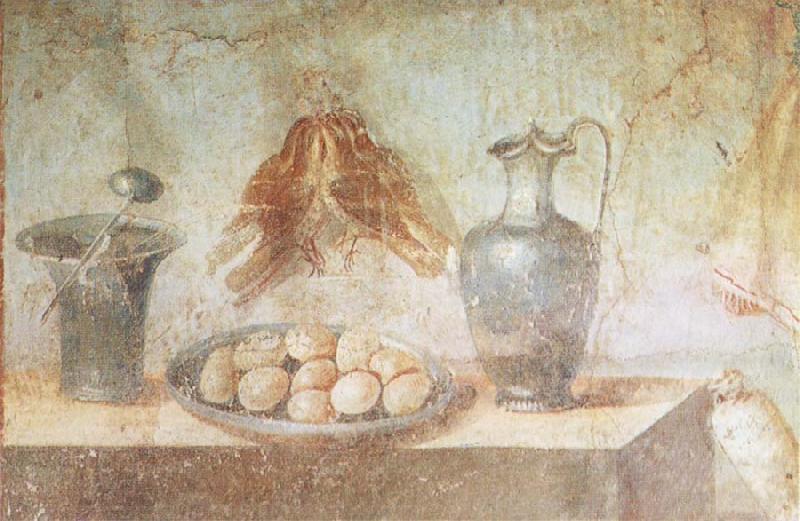 unknow artist Still life wall Painting from the House of Julia Felix Pompeii thrusches eggs and domestic utensils